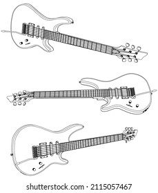 Electric guitar outline vector illustration. String plucked musical instrument. Blues or rock equipment.