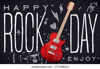 Electric guitar over blackboard and doodles over it representing the rock 'n' roll culture: loudspeaker, sign of horns, heart, stars, lightnings, music note inviting you to enjoy Rock Day.