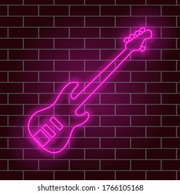 Electric guitar, pink neon glow. Musical instrument. Night signboard. Vector illustration.