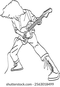 Electric Guitar Player in Concert Line Art. Vector Icon Logo Hand Drawn Black Line Doodle Illustration