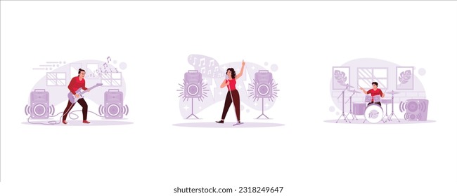 Electric guitar player practicing in a music studio. The female vocalist sings with a beautiful voice. Drummer playing professionally. Trend Modern vector flat illustration.