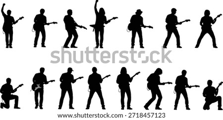 Electric guitar player silhouettes in dynamic rock concert poses, performing with energy, passion, movement, music, entertainment, stage lights, and expressive body language