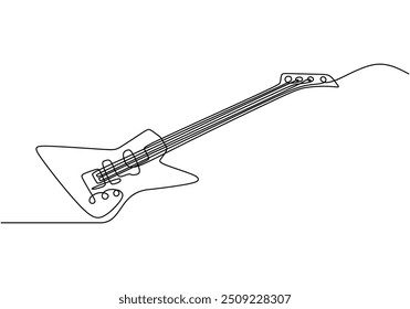 Electric guitar rendered in a single continuous line drawing. A minimalist vector illustration of a music instrument, hand drawn and isolated on a white background.