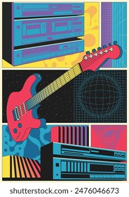 Electric Guitar, Retro Stereo Systems, 3D Effect Abstract Poster, Colorful Vector Illustration, Geometric Shapes
