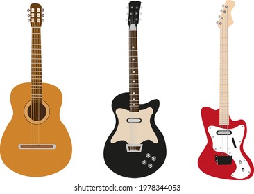 Electric guitar. Rock music instrument. Acoustic and electric guitar musical instruments for entertainment. Electrica vintage design guitare. Vector illustration.