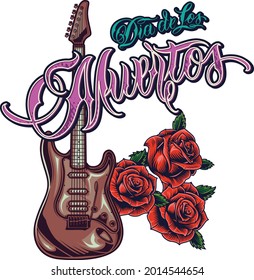Electric guitar. Rock and roll t-shirt design. Hand drawn grunge style art. typography slogan with old guitar illustration