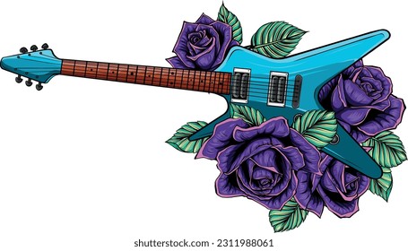 electric guitar with roses. Vector isolated on white background.