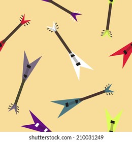Electric guitar seamless pattern, colorful rock guitars, V shaped guitar, guitar design template, guitar background