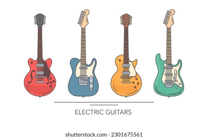 Juego de guitarra eléctrica. Esbozo de guitarras coloridas sobre fondo blanco. Ilustración vectorial.