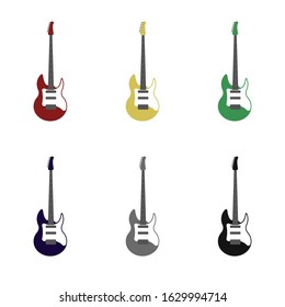 Electric guitar set in six colors. On a white isolated background.