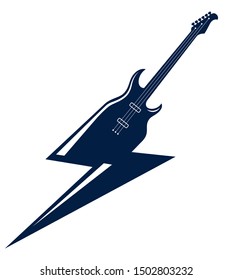 Electric guitar in a shape of lightning, hot rock music, Hard Rock or Rock and Roll concert or festival label, night club live show band performance, vector logo.
