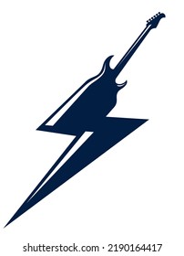 Electric guitar in a shape of lightning, hot rock music, Hard Rock or Rock and Roll concert or festival label, night club live show band performance, vector logo.