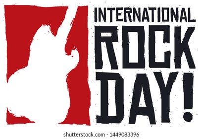 Electric guitar silhouette over a red square in brushstroke style with greeting message to celebrate International Rock Day.