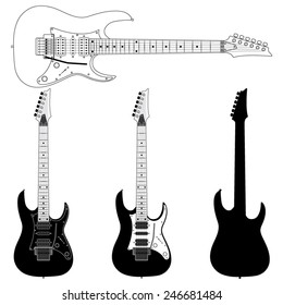 Electric Guitar Silhouettes Isolated on White Background. Vector Image