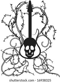 Electric guitar with a skeleton and chains growing with wild energy. One color