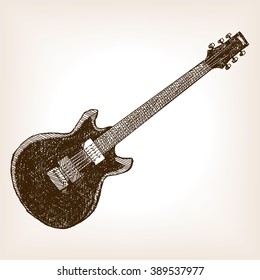 Electric guitar style vector illustration. Old engraving imitation. Musical instrument hand drawn sketch imitation