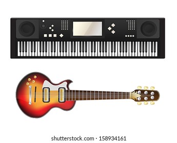 Electric guitar and synthesizer over white background
