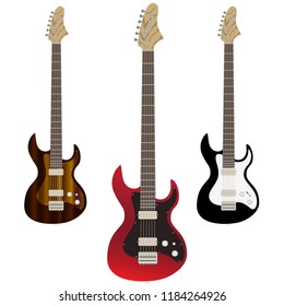 Electric guitar in three colors, red, black, brown 