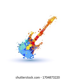 Electric guitar vector icon. Watercolor splash paint symbol