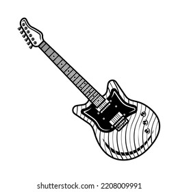 Objeto vectorial de guitarra eléctrica en estilo vintage monocromo aislado en fondo blanco