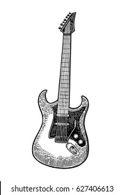 Electric guitar. Vintage vector black engraving illustration for poster, web. Isolated on white background.