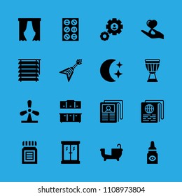 electric guitar, window, settings, blind, cabinets, medicine, tablets, curtains and drum vector icon. Simple icons set