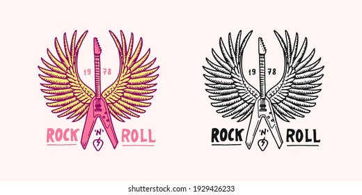 Electric guitar with wings. Angel instrument. Rock and Roll music logo. Heavy metal template for design t-shirt, night party and festival. Hand drawn Engraved vintage sketch.