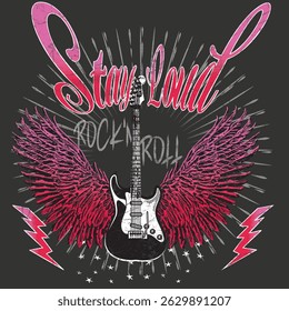 electric guitar with wings rock design illustration