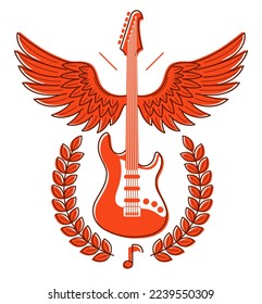 Electric guitar with wings vector emblem for festival or concert or player isolated on white, live music theme, logo for musical recording label, instruments shop.