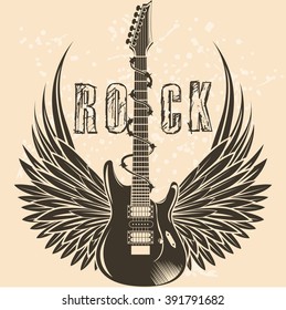 Electric guitar with wings. Vintage label, illustration, logotype. Vector illustration