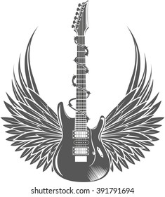 Electric guitar with wings. Vintage label, illustration, logotype. Vector illustration