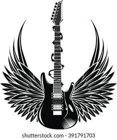 Electric guitar with wings. Vintage label, illustration, logotype. Vector illustration