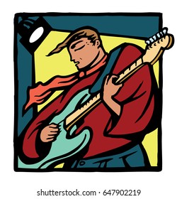 An electric guitarist wearing a scarf playing under stage spotlights. Rendered in a color linoleum cut  or woodcut style.