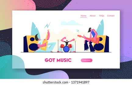 Electric Guitarists and Drummer Performing Music on Stage. Rock Band in Rocking Outfit Playing Guitar and Drums on Concert. Website Landing Page, Web Page. Cartoon Flat Vector Illustration, Banner