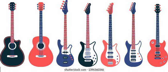 Electric guitars and acoustic different designs. Flat vector illustration.