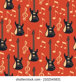 Electric guitars with notes. Seamless pattern of musical instruments on a red background in the style of rock, rock and roll, jazz. Vector image. 