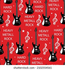 Electric guitars. Seamless pattern of musical instruments on a red background in the style of rock, rock and roll, jazz. Vector image. 