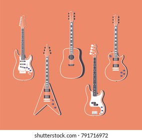 Electric guitars set, Bass guitar illustration. Acoustic guitar flat vector illustration