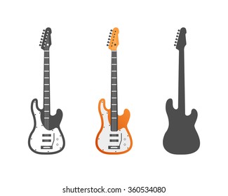 Electric guitars vector icons set. Music symbols isolated on white background. Use as icons, elements for logo design, badges. Vector illustration. In 3 styles - Color, grey, silhouette.