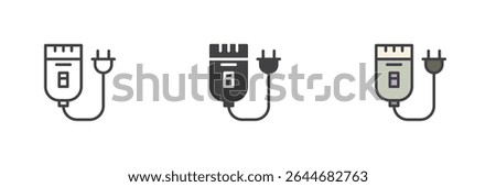 Electric hair clipper icon vector set with cord plug, designed in outline, solid, and colorful filled outline versions. Barber haircut tool icon and grooming symbol.