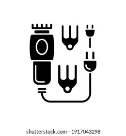 Electric hair clippers black glyph icon. Hair trimmer. Hairstyling appliance. Sharpened comb-like blades. Beauty and barber salon. Silhouette symbol on white space. Vector isolated illustration