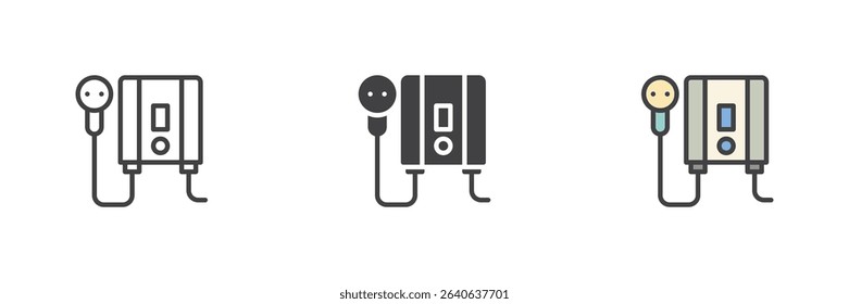 Electric hair dryer bathroom icon in different styles: line, solid, and filled outline colorful. Personal grooming vector symbol for drying and styling hair.