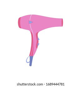 Electric hairdryer isolated on white background. Hair styling icon. Cartoon dryer, equipment for beauty salon or hairsaloon. Hair care element. Fashionable hairstyle tool. Flat vector illustration