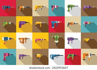 Electric hammer drill icons set flat vector. Construction tool. Industry chisel