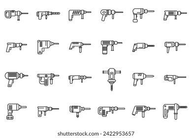 Electric hammer drill icons set outline vector. Construction tool. Industry chisel