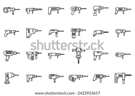 Electric hammer drill icons set outline vector. Construction tool. Industry chisel