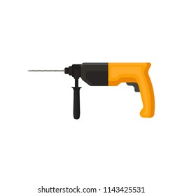 Electric hammer drill with orange handle. Power tool for construction and repair. Flat vector for advertising poster of hardware store