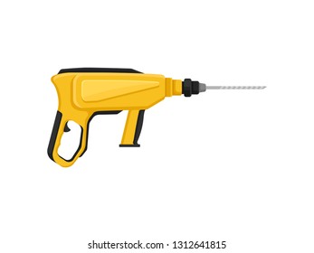 Electric hammer drill with twist drill bit. Power tool for construction works. Building equipment. Flat vector icon