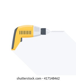 Electric hand drill flat icon with long shadow. Vector illustration.