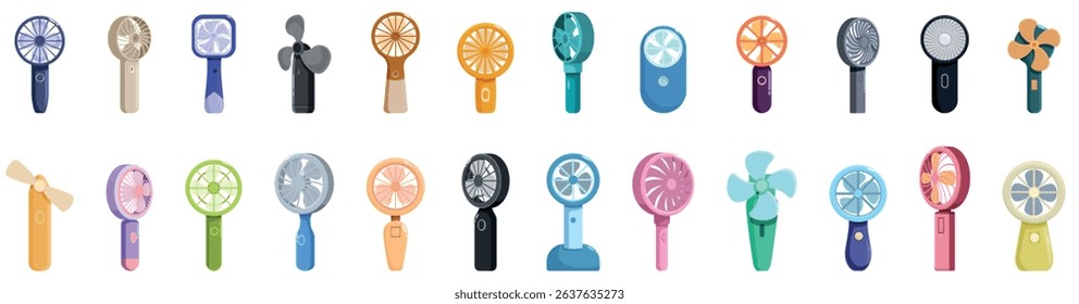  Electric hand fan icons set. Set of colorful handheld fans offering portable cooling solutions for beating the heat